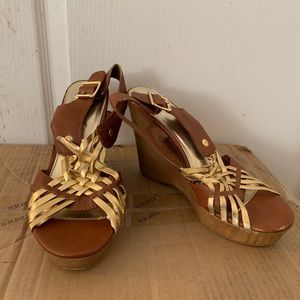 2/$10 Brash Strappy Wedge Sandal Shoes Gold Brown
